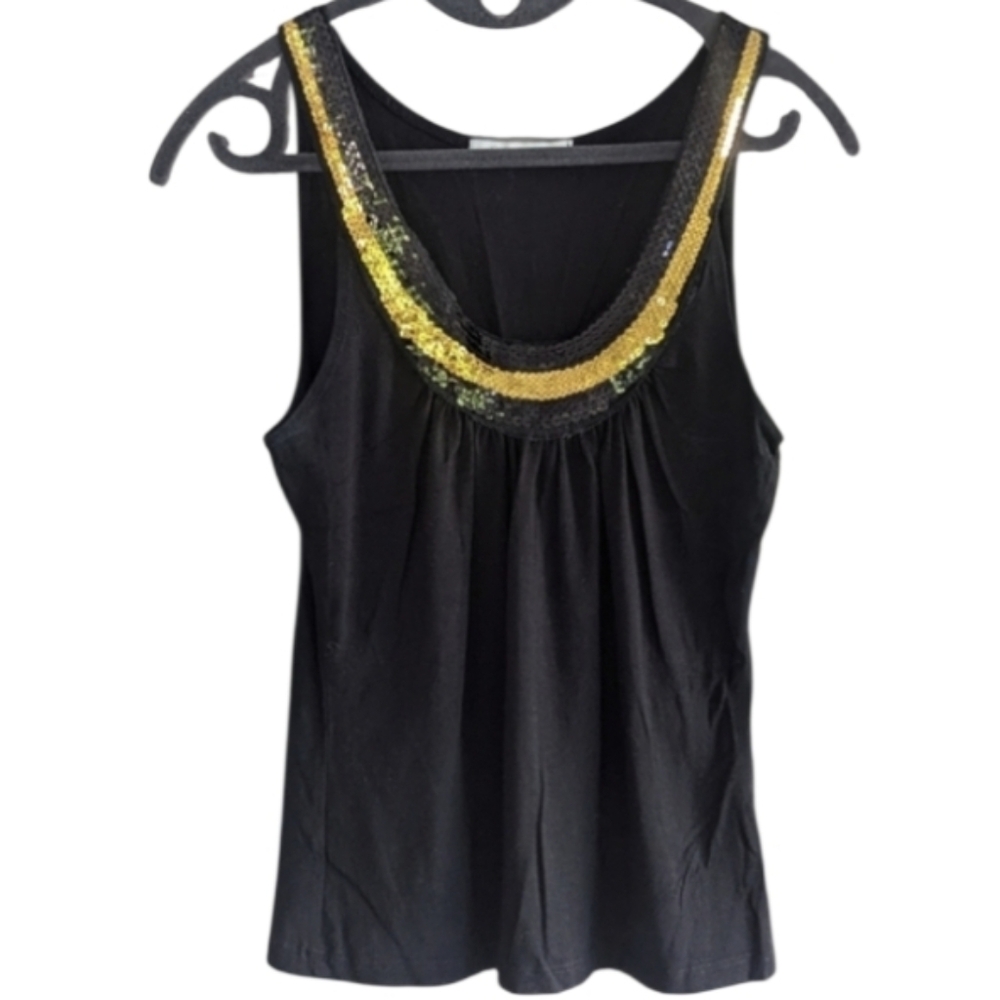 Vintage Y2K Charlotte Russe Medium Black Tank Top Gold Sequin Neckline Indie